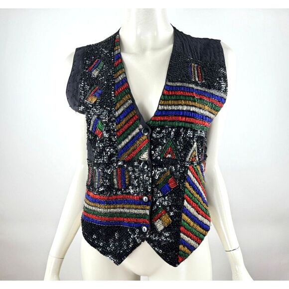 Creazioni Effect Embellished Vest Women M NWT‎ Beads Sequins Button Up V-neck